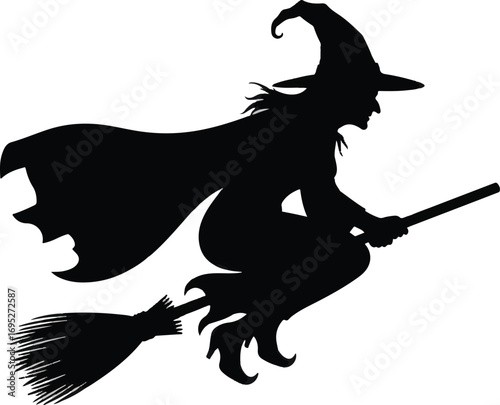 Black silhouette of a classic witch flying on a broomstick.