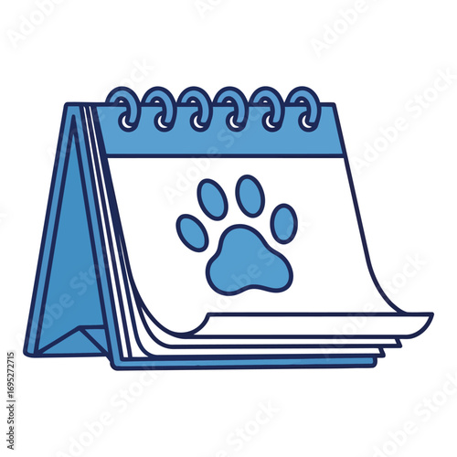Art of a blue spiralbound desk calendar open to a page with a blue paw print, symbolizing petrelated dates