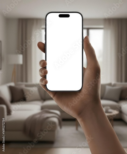 Hand holding iPhone 17 Pro with blank white display in a cozy modern living room, premium smartphone mockup for apps, UI/UX, and product presentation.