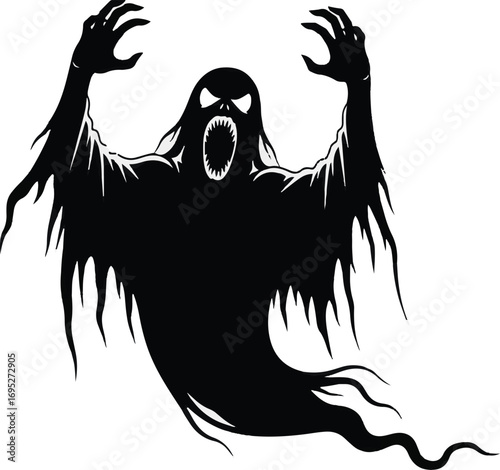 Scary black ghost with open mouth and sharp claws raised.