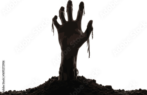 Silhouette of a creepy zombie hand rising from the grave.