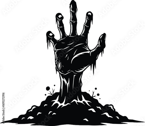 A black and white illustration of a zombie hand emerging from the ground.