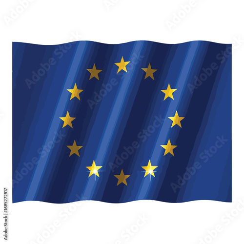 Art of waving european union flag with golden stars in a circle on a blue background, isolated on white background