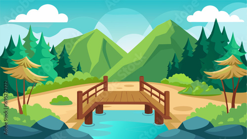 A small wooden bridge leading towards a hidden hot spring pool surrounded by towering peaks and lush greenery.