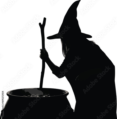 Silhouette of a witch stirring a cauldron with a stick.