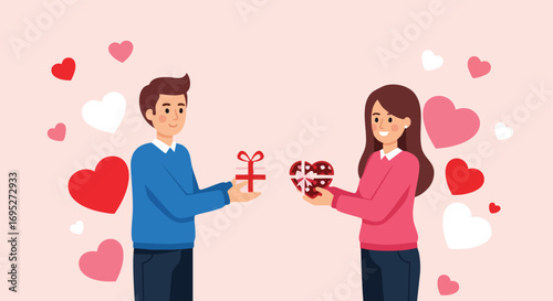 A happy couple exchanging gifts on a date with hearts floating around them