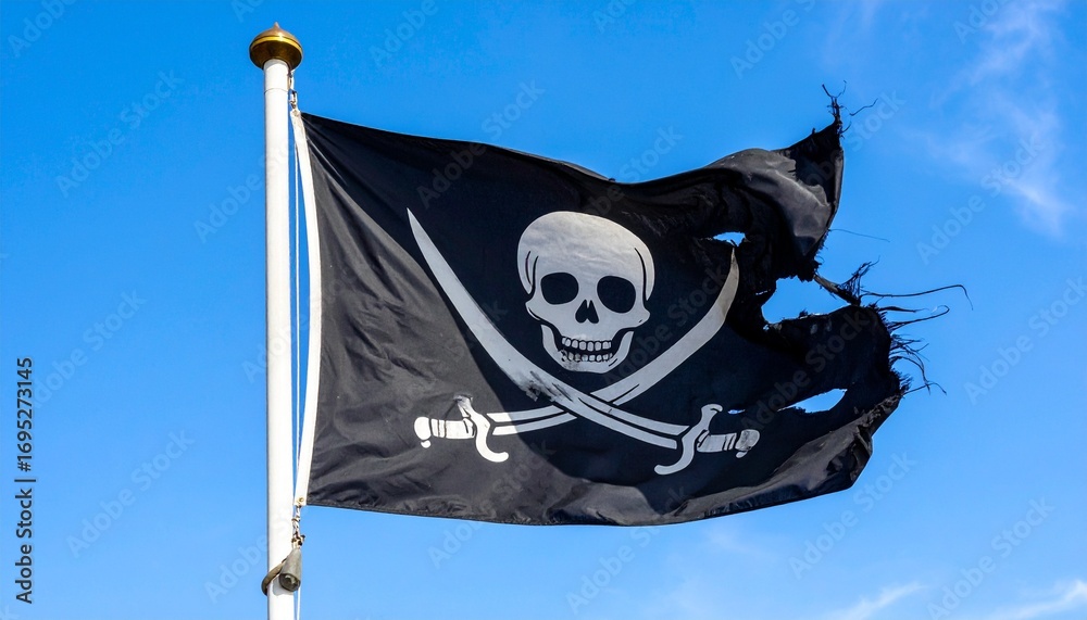 Fototapeta premium Pirate Flag Skull and Swords Tattered Jolly Roger Against Blue Sky