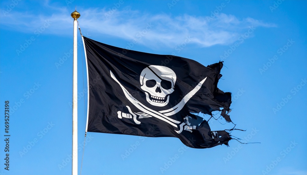 Fototapeta premium Pirate Flag Waving in the Wind Against a Blue Sky