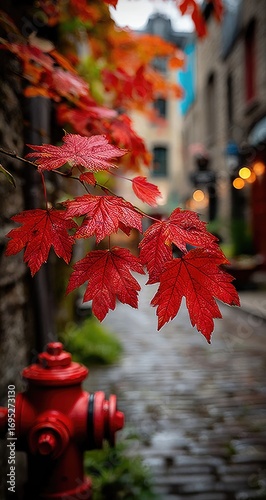 Vibrant red leaves cascade over a cobblestone alleyway.