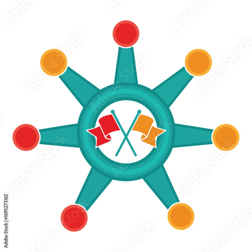 Art of abstract star shape with flags and colorful dots, representing competition and achievement, isolated on white background