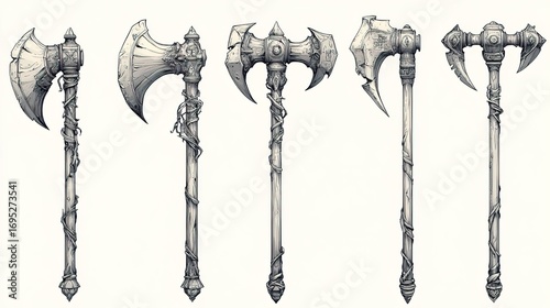Set of Fantasy Battle - Axes with Ornate Designs and Twisted Shafts 