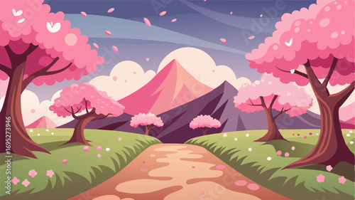 A serene setting of fields covered in cherry blossoms creating a dreamy and romantic atmosphere.