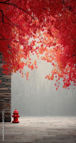 Red fire hydrant in autumnal scene with vibrant foliage.