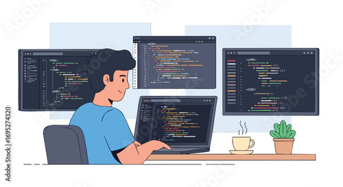 Male Programmer Working on Web Development with Multiple Screens and Code