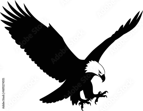 majestic eagles powerful descent a black and white silhouette of unwavering determination, isolated on transparent background