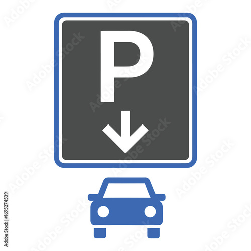 Art of parking sign with a downward arrow and a car symbol below, isolated on white background