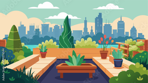 Bask in the natural beauty of this rooftop garden where a variety of plants and flowers create a lush and vibrant landscape. Take in panoramic views of the city while sitting on a
