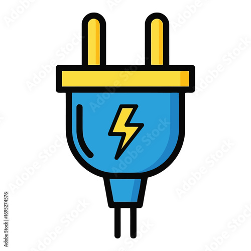 Art of blue electrical plug with yellow prongs and a lightning bolt symbol, isolated on white background