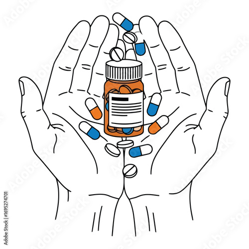 Art of open hands holding a bottle of pills and scattered capsules, symbolizing healthcare and treatment options