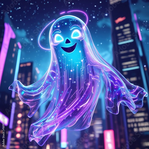 Luminous Ghost Floating Among Skyscrapers at Night with Neon Lights