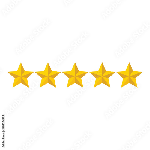 Art of five golden stars in a row representing a top rating or excellent customer feedback, isolated on white background