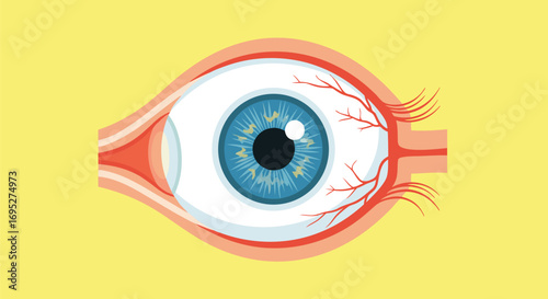 Detailed Human Eye Anatomy Illustration with Iris, Pupil, Retina, and Blood Vessels for Educational and Medical Use