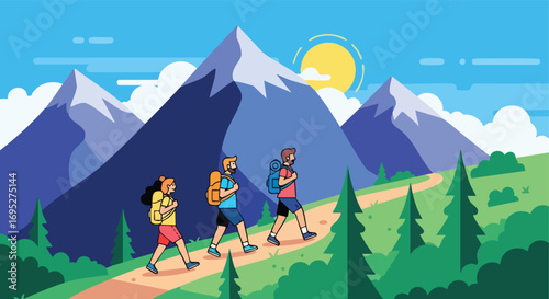 Group of Friends Hiking on a Mountain Trail