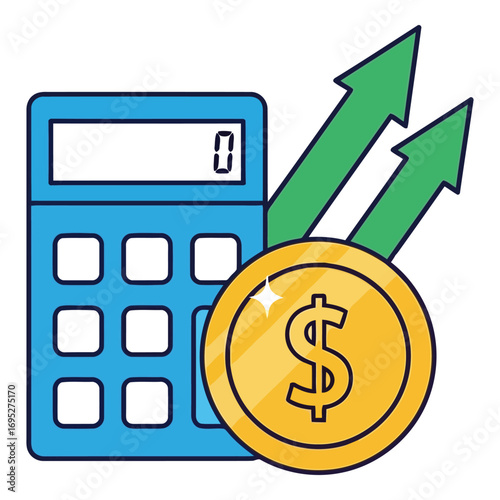 Art of calculator with a gold coin and upward green arrows indicating financial growth and profit, isolated on white background