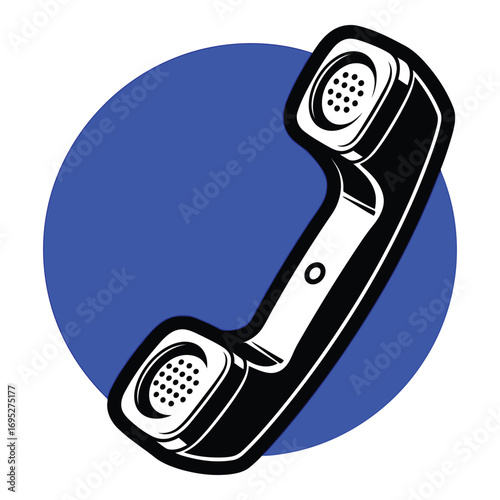 Art of retro telephone handset with a blue circle in the background, representing communication and contact, isolated on white background