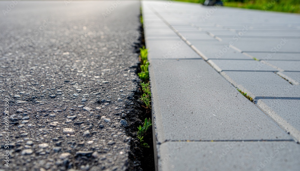 Obraz premium Close-up of green grass growing in the seam between a textured asphalt road and a smooth concrete sidewalk on a sunny day