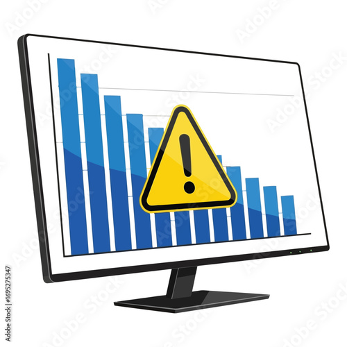 Art of a computer monitor displaying a downward trending bar graph with a yellow warning triangle and exclamation mark