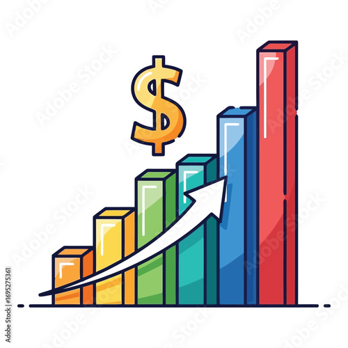 Art of colorful bar chart showing financial growth with a dollar sign and upward arrow, isolated on white background