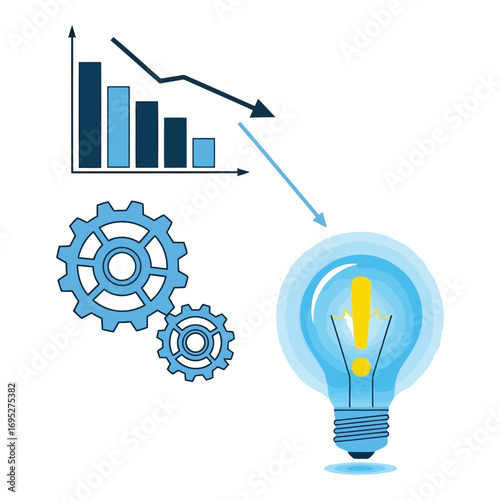 Art of business decline chart with gears and a glowing lightbulb symbolizing a new idea or solution