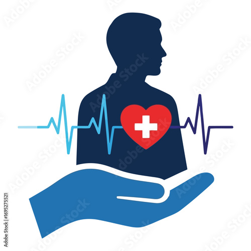 Art of human silhouette with heart and heartbeat line, supported by a hand, isolated on white background