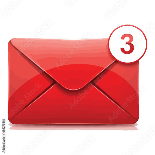 Art of red glossy envelope with a notification bubble showing the number 3, isolated on white background
