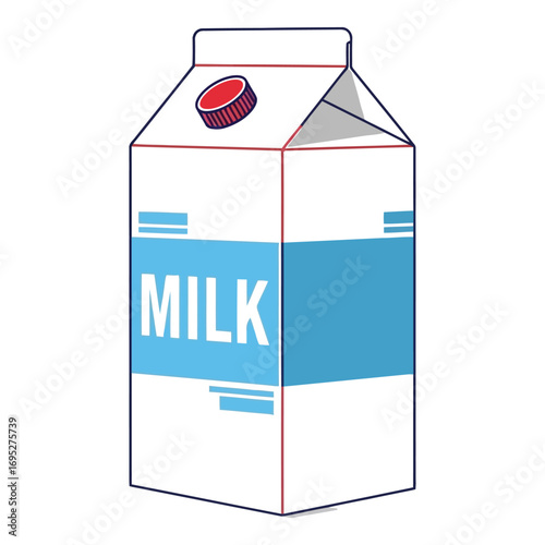 Art of a white milk carton with a blue label and a red cap, isolated on white background