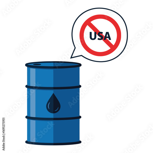 Art of blue oil barrel with a prohibition sign for usa, isolated on white background