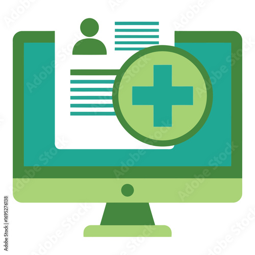 Art of computer monitor displaying medical record with a green plus sign, isolated on white background