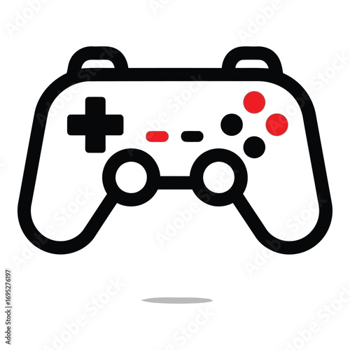 Art of stylized black and white game controller with red and black accents, representing gaming, isolated on white background
