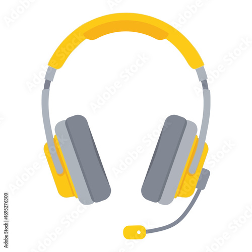 Art of modern flat design of yellow and gray headphones with a microphone, symbolizing audio, communication, and entertainment, isolated on white background