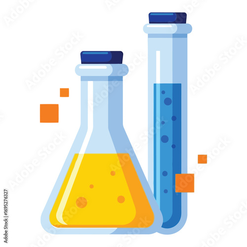 Art of two laboratory flasks, one erlenmeyer and one test tube, filled with yellow and blue liquids, representing science and research, isolated on white background