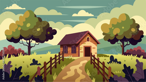 A rustic scene of the vineyard with a charming cottage nestled ast the vines and a worn wooden fence lining the perimeter. A gentle breeze rustles through the leaves carrying the