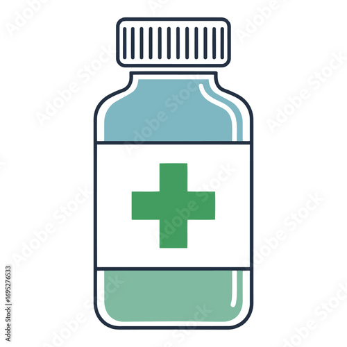 Art of a simple icon of a medicine bottle with a green cross symbol, isolated on white background