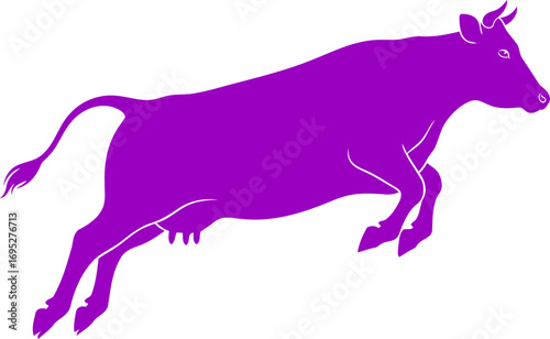 purple cow in flight silhouette of joyful leap, dairy whimsy, and uncommon energy, isolated on transparent background