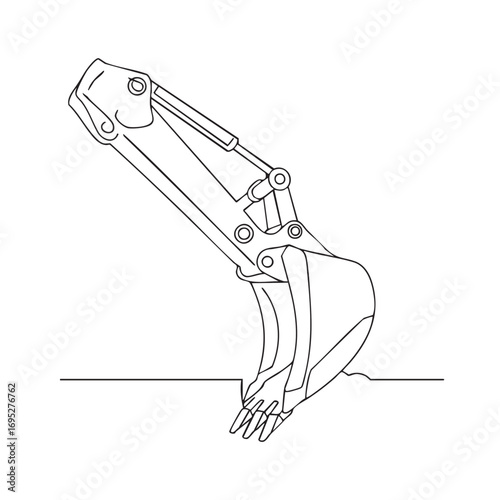 A clean, continuous line art illustration depicts a powerful excavator arm and bucket actively digging into the earth, symbolizing construction, heavy machinery, and industrial progress.