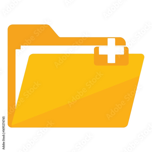Art of yellow folder with documents and a plus sign, representing adding new files or creating a new folder, isolated on white background