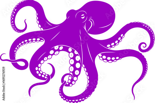 purple octopus silhouette icon of mysterious ocean depths, intelligent adaptability, and inky escape, isolated on transparent background