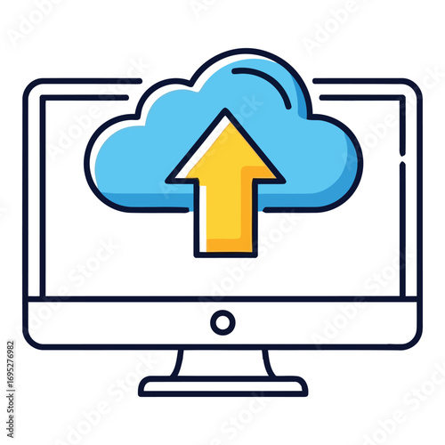 Art of computer monitor displaying a cloud with an upload arrow, symbolizing cloud computing and data transfer, isolated on white background