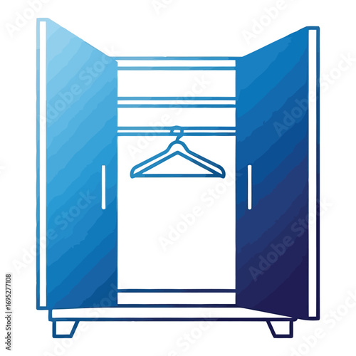 Art of open blue wardrobe with clothes hanger inside, isolated on white background