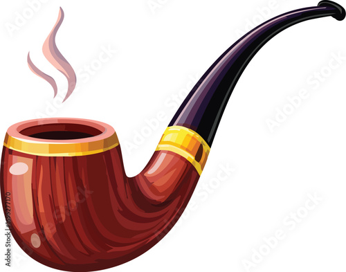 A classic, vintage wooden smoking pipe with a curved stem and rising smoke. An isolated vector illustration representing a traditional hobby or habit. Generative AI